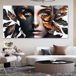 Tablou canvas femeie alb negru fashion frunze